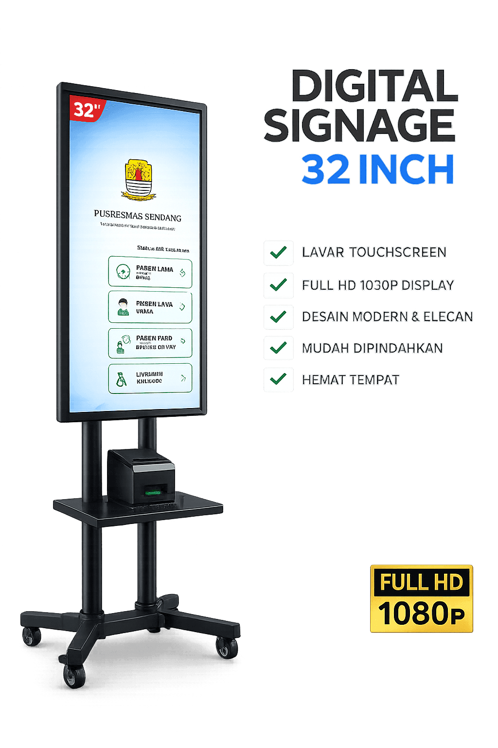 Digital Signage 32 Inch — E-Kiosk dengan printer antrian